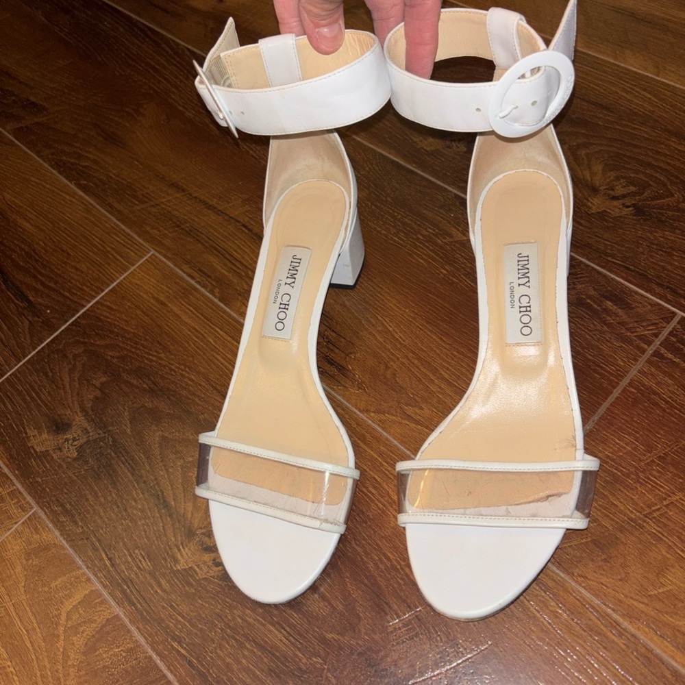 Jimmy Choo White and Clear Ankle-Strap Block Heel Sandals Size 8 / Euro 38.5